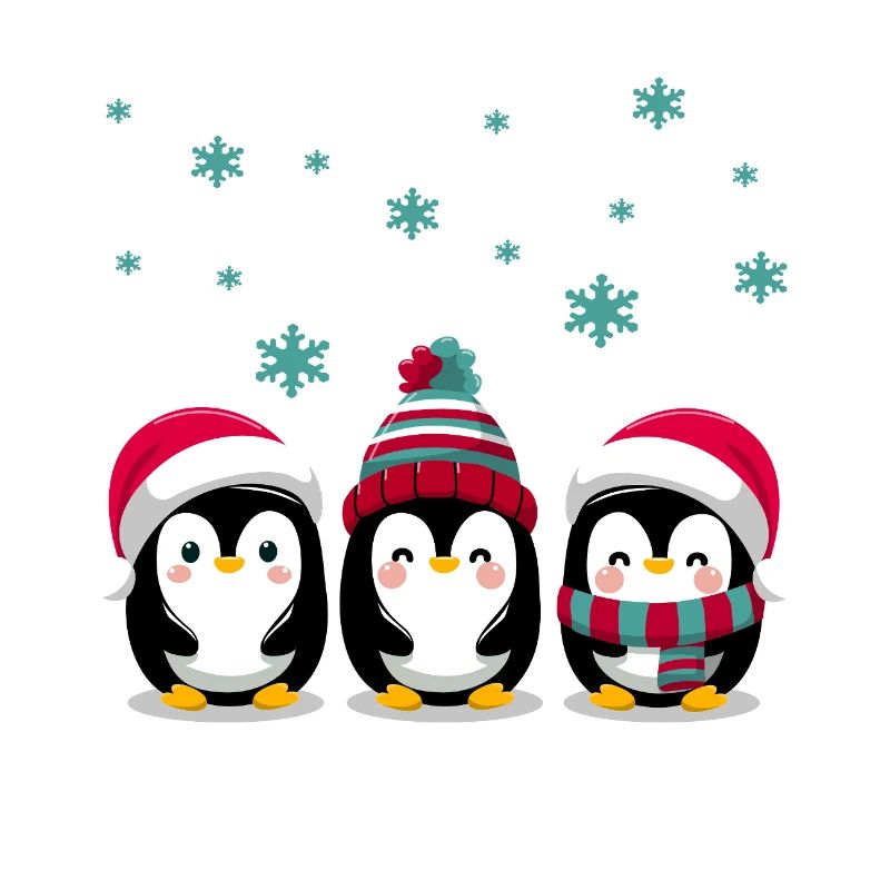 Three penguins with Christmas hats