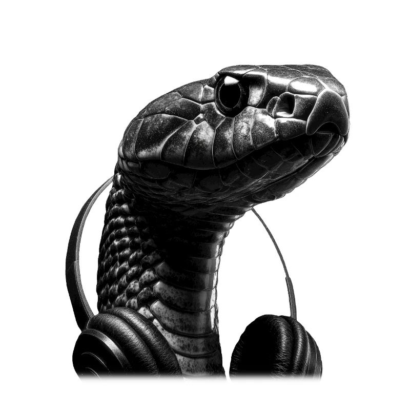 Schwarze Mamba Schlange mit Kopfhörern – Dark Art