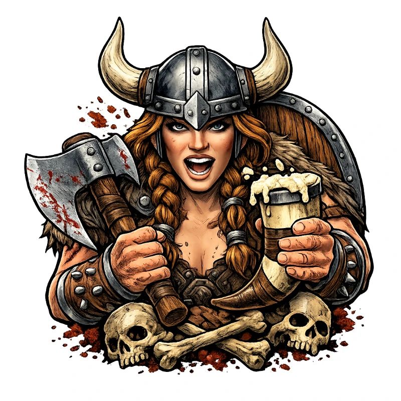 Viking Kriegerin mit Helm und Bier