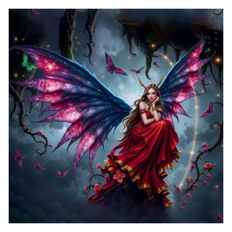 Fée ailée en robe rouge