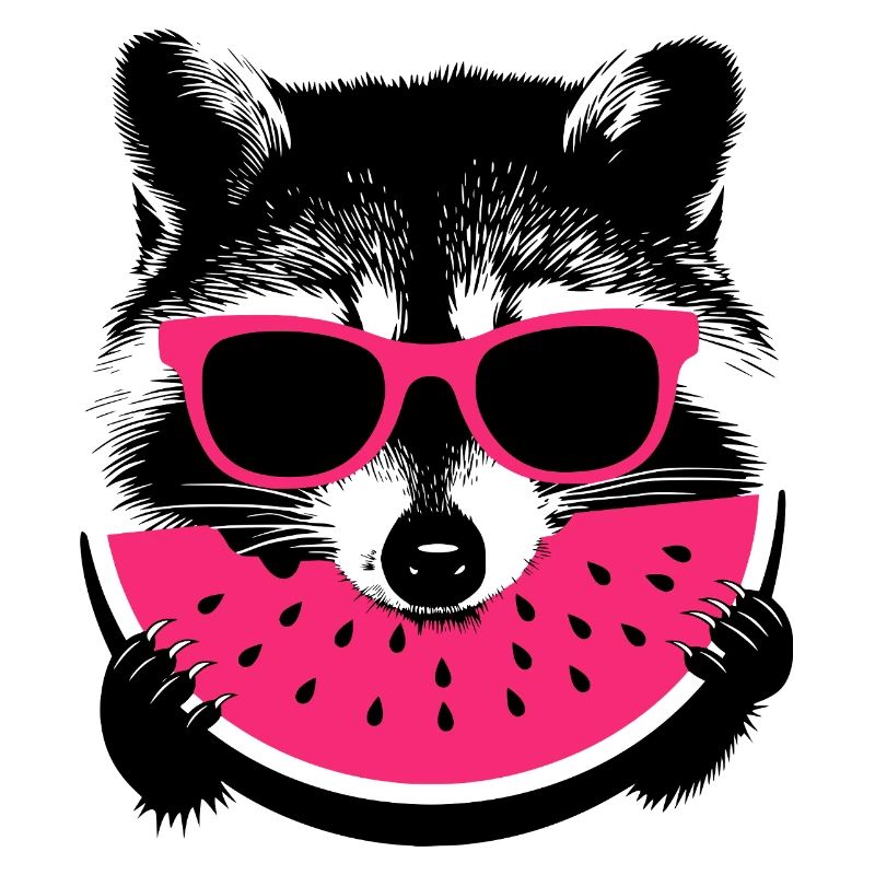 Waschbär mit pinker Sonnenbrille isst melone