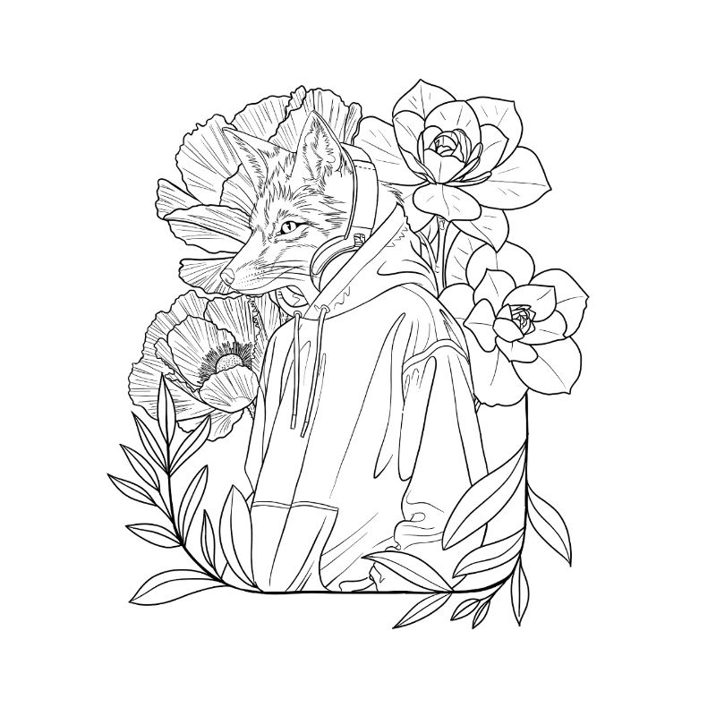 Fuchs Lineart mit Blumen
