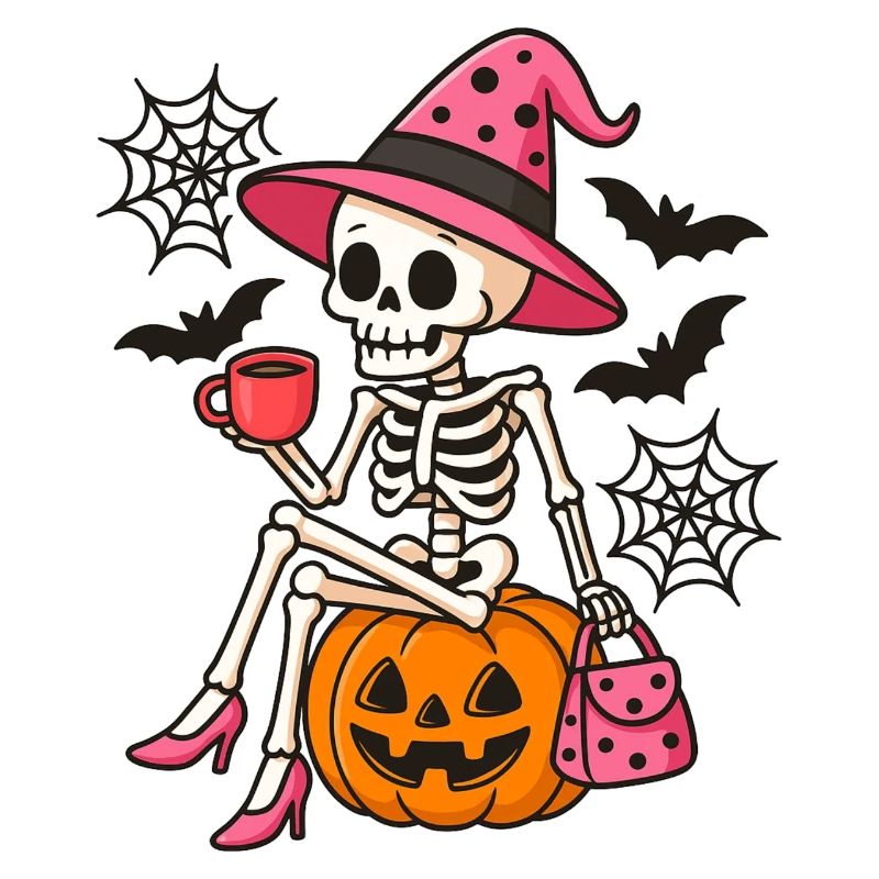 Pink Cute Halloween Witch Skeleton