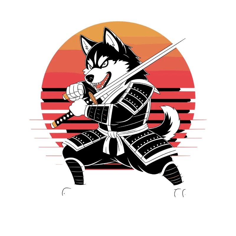 Husky Samurai Warrior With Katana Before Retro