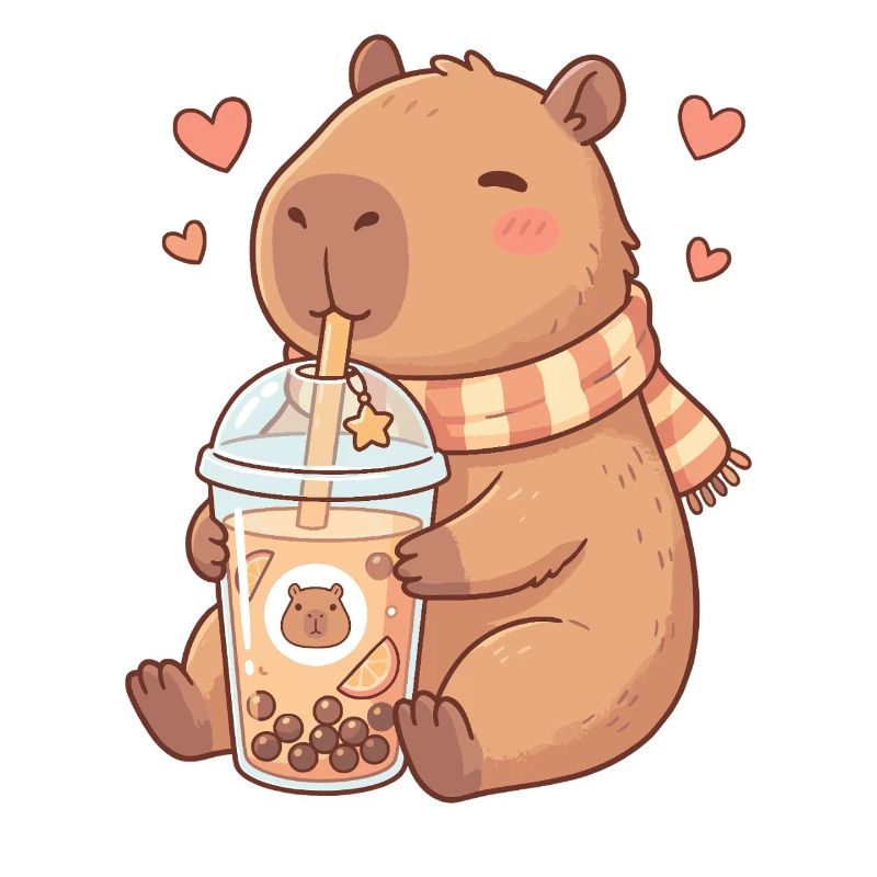 Cozy Kawaii Capybara Sips Boba Tea