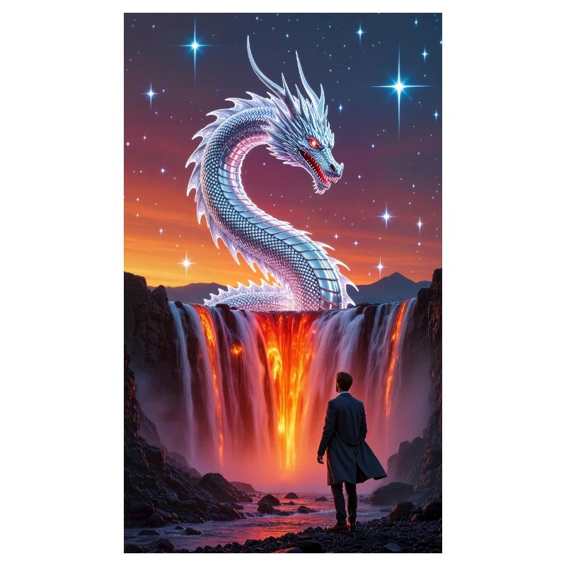 Queue de dragon ardente au-dessus d’une cascade
