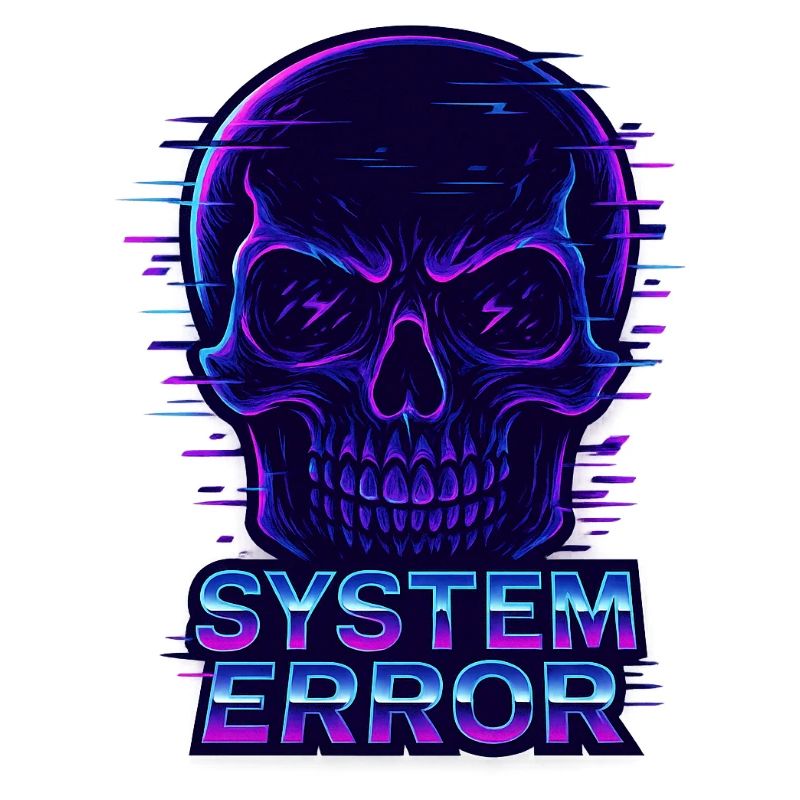 Neon Glitch Schädel mit Systemfehlertext