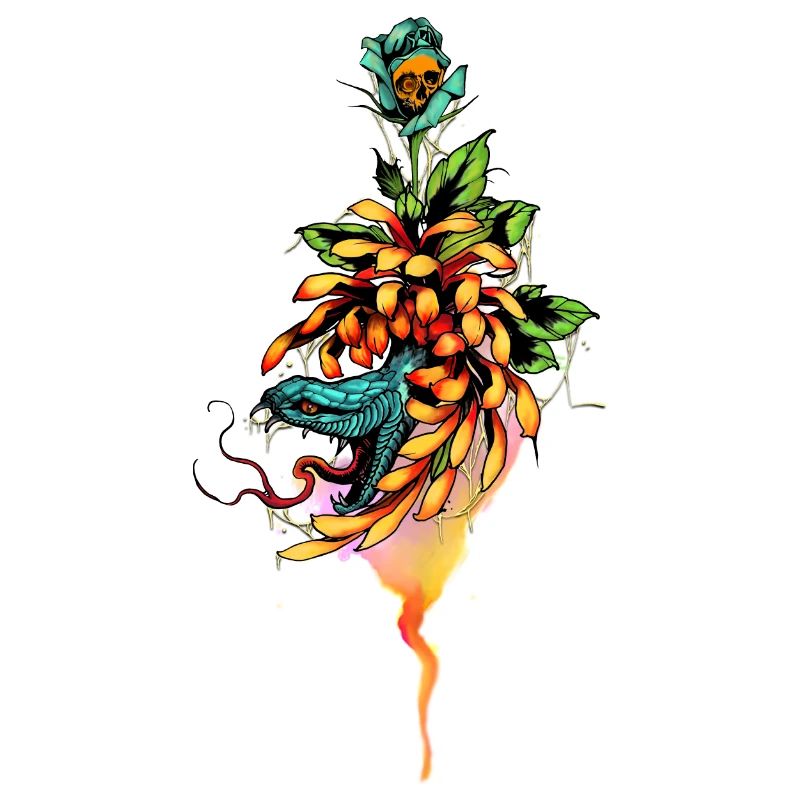 Serpent incroyable avec crâne et fleurs.