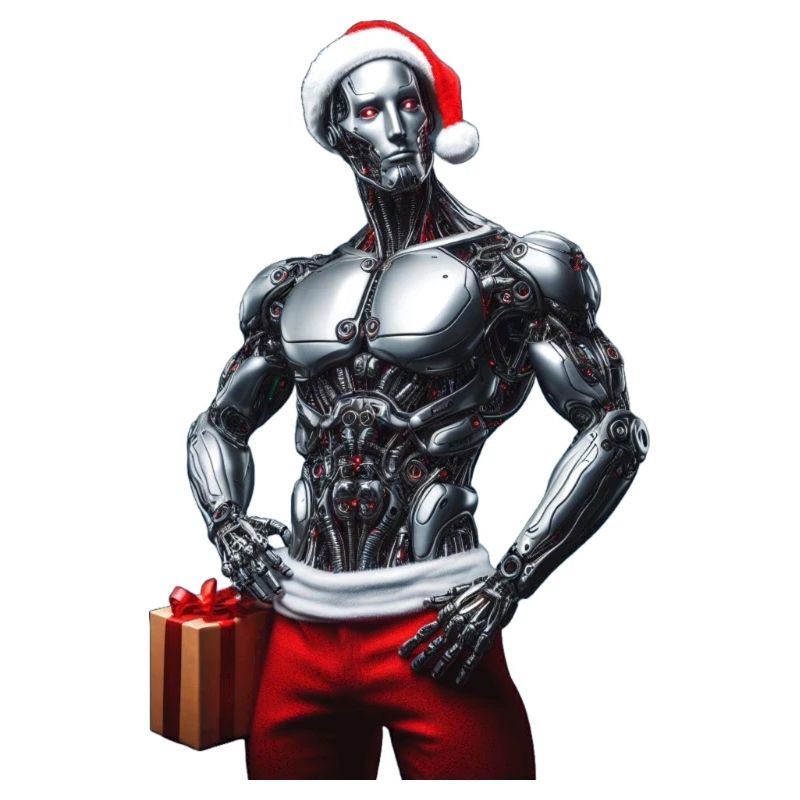 Cyber robot with Santa hat and gift