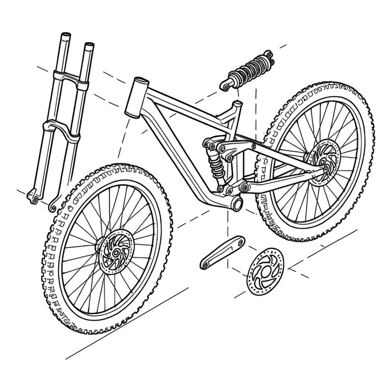 DH-Bike Exploded Drawing: MTB Technique Sketch