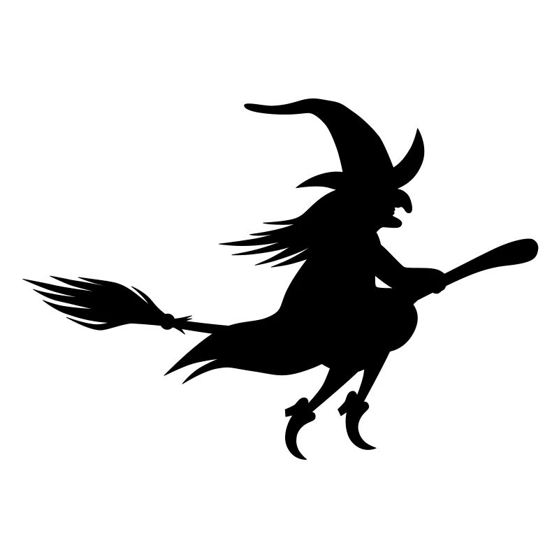 Fliegende alte Hexe auf einem Besen / schwarz-weiß