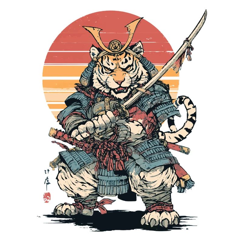 Tiger Samurai in Armor at Sunset