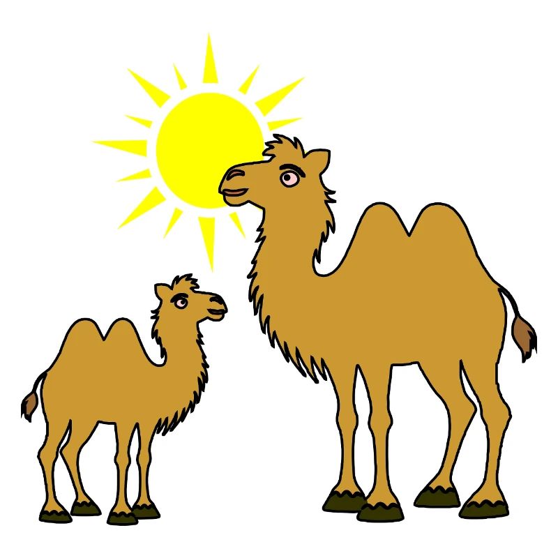 Mutter und Baby Kamel mit Sonne