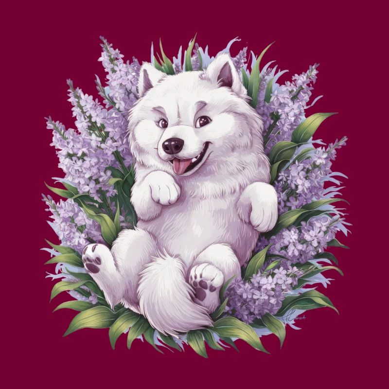 Spitz Samoyède doux avec un beau lilas