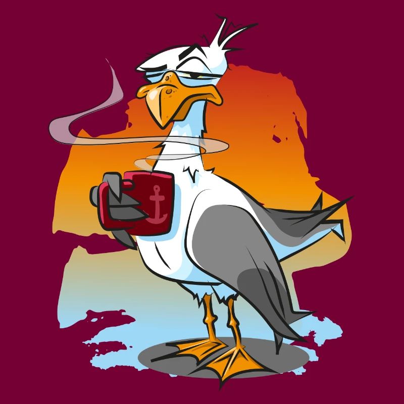 Funny seagull with coffee cup, moewe
