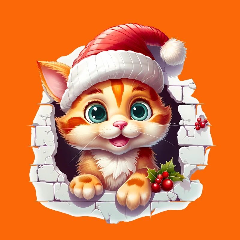 Chat avec chapeau de père Noël dans le trou dans le mur