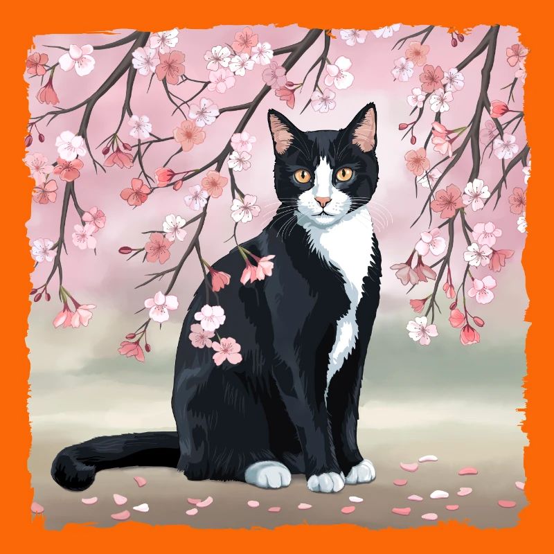 Chat en fleur de cerisier : Fleurs de Sakura roses, Chat noir