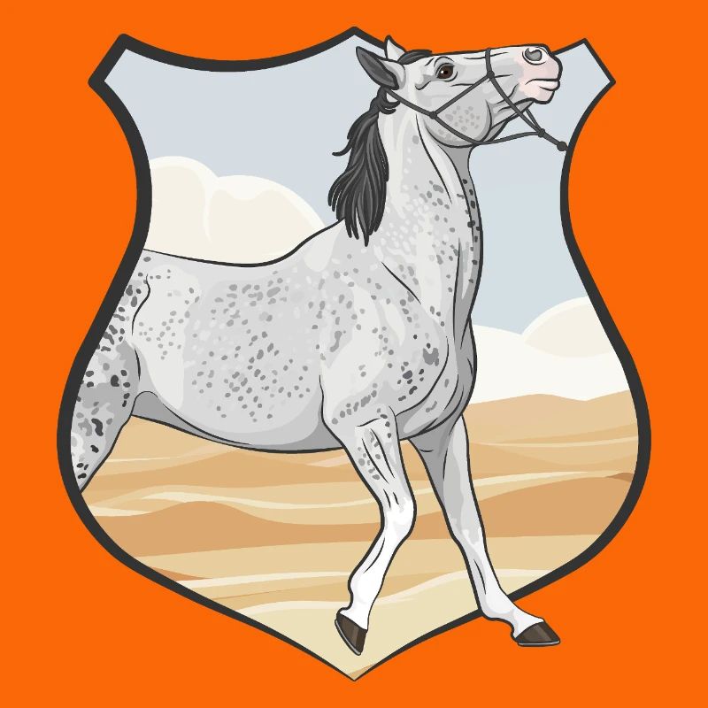 Ein graues Pferd, ein Wappen und eine Wüste