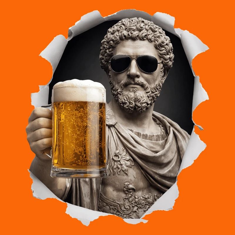 Marcus Aurelius with sunglasses and beer