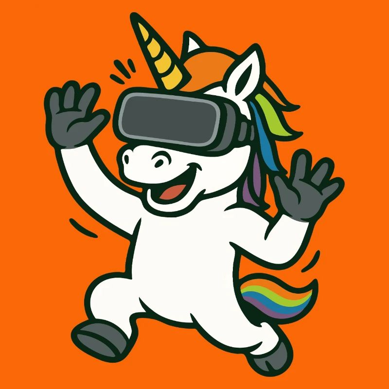 VR-Einhorn-Maskottchen mit Regenbogendetails