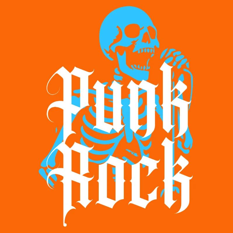 Lebendiges Skelett mit Gothic-Punk-Rock-Text