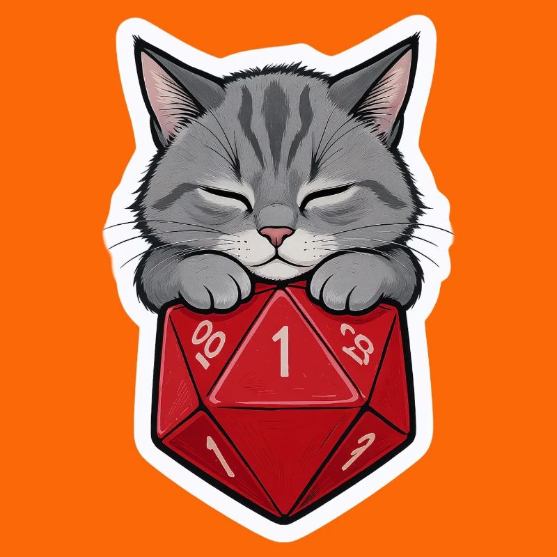 Bébé chat endormi sur D20 Cube – Dessin animé