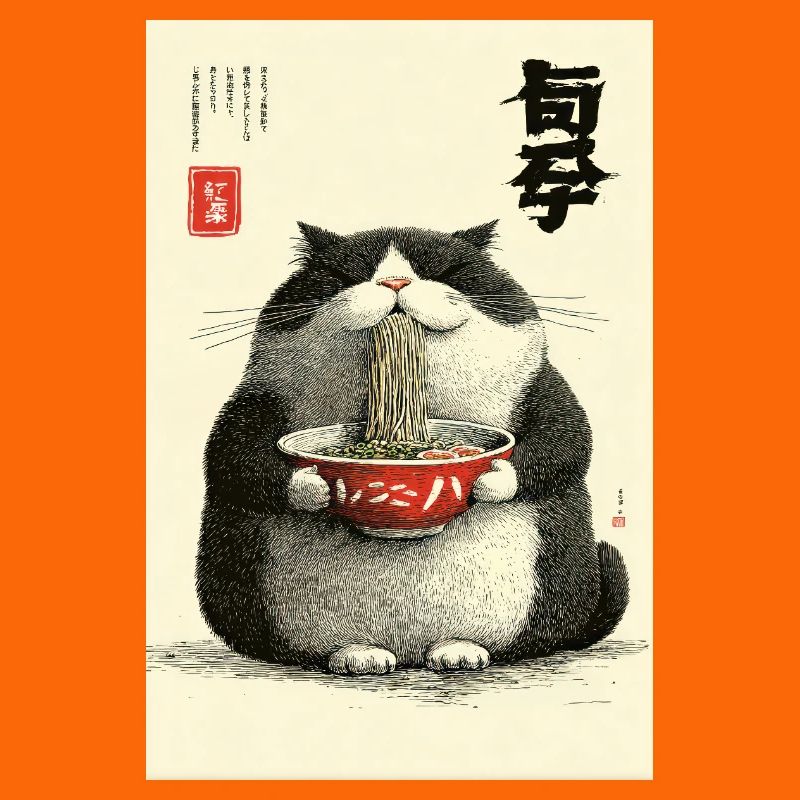 Neko Noodle Feast in Ukiyo-e Style