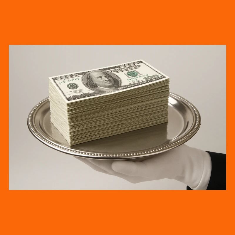 Stack of banknotes on a silver tray
