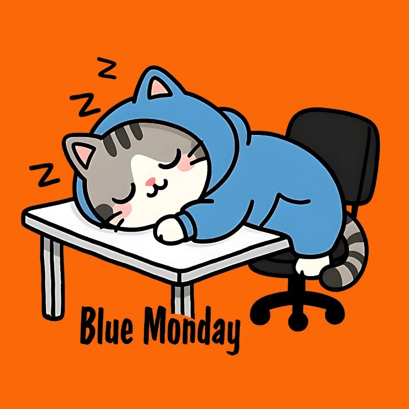 Sleeping cat at work, blue monday