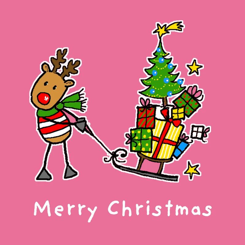 Reindeer pulls tree and gifts on sleigh
