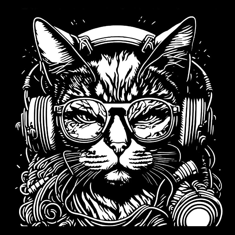 DJ chat avec casque et lunettes