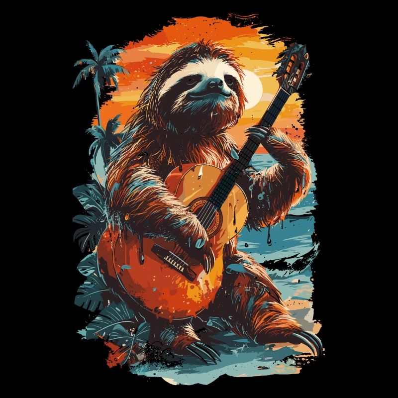 Sloth playing guitar on tropical beach
