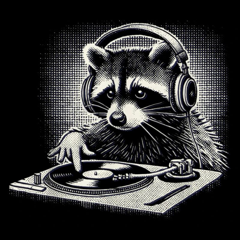 Waschbär DJ mit Köpfhörer am Plattenspieler, spass