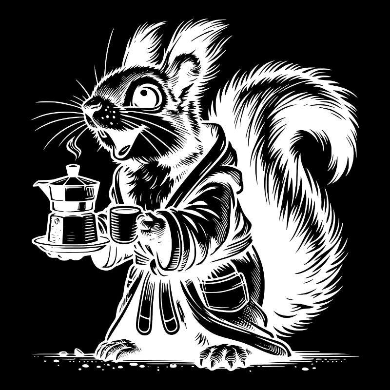 Eichhörnchen mit starkem Kaffee im Bademantel