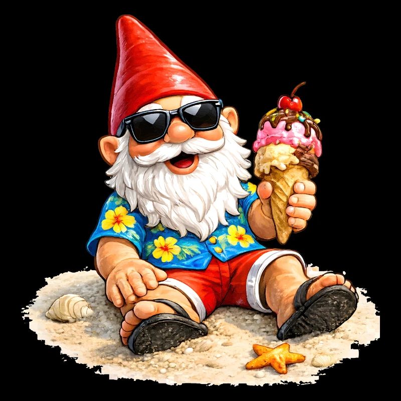 Nain de jardin sur la plage avec une glace à la main