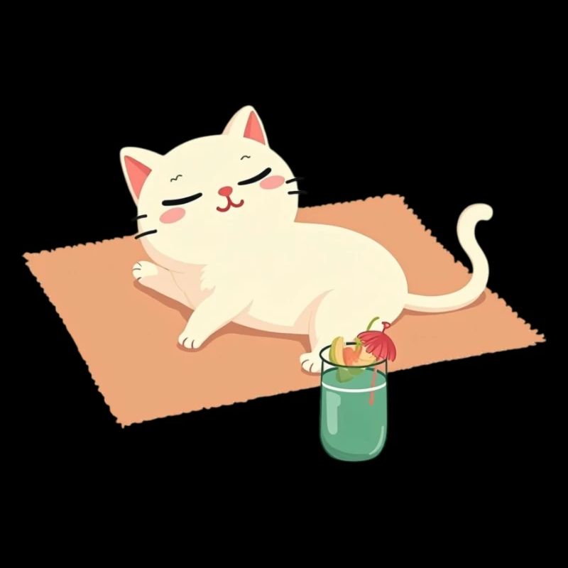 Chat de dessin animé se relaxant sur la plage sur une couverture et une boisson