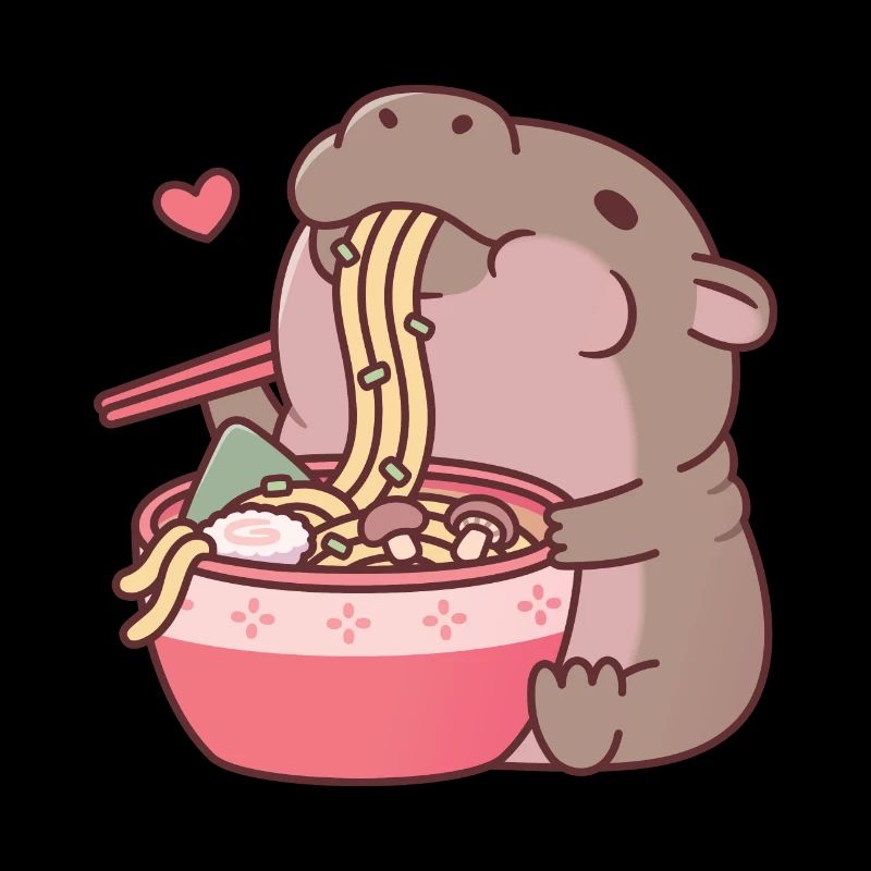 Cute Pygmy Hippo Slurping On Ramen Noodles
