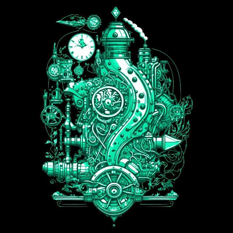 Steampunk steam engine with clockwork and technology