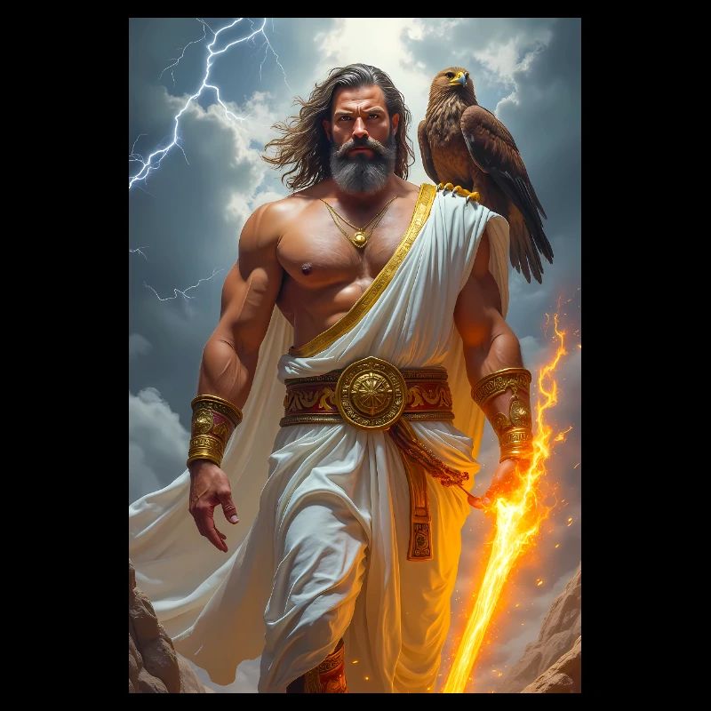 Zeus, bärtiger Gott, der einen Blitz hält, Sturm