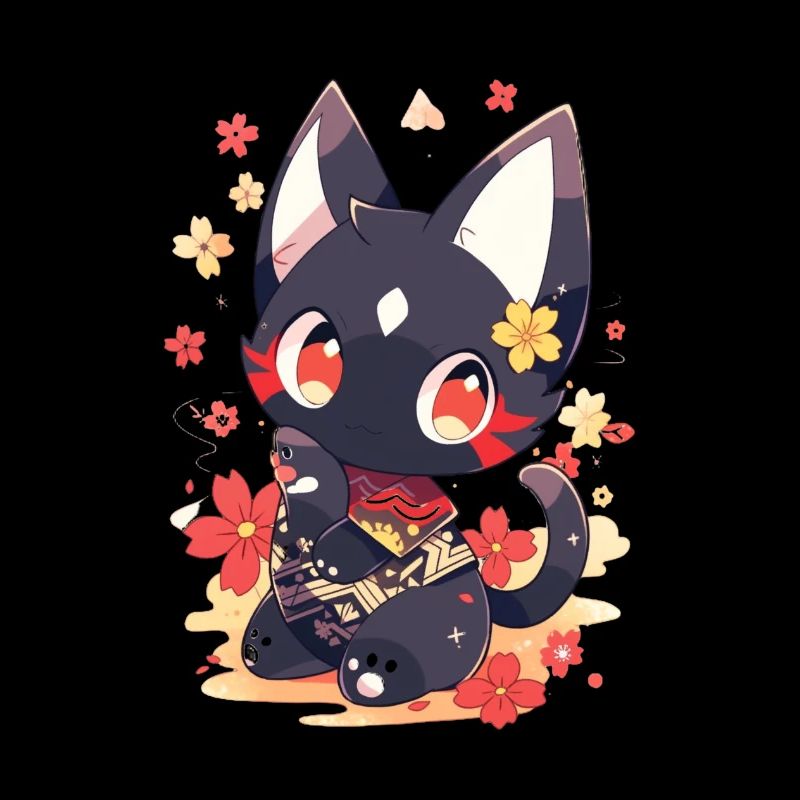 Mignon chat d’anime avec des poissons