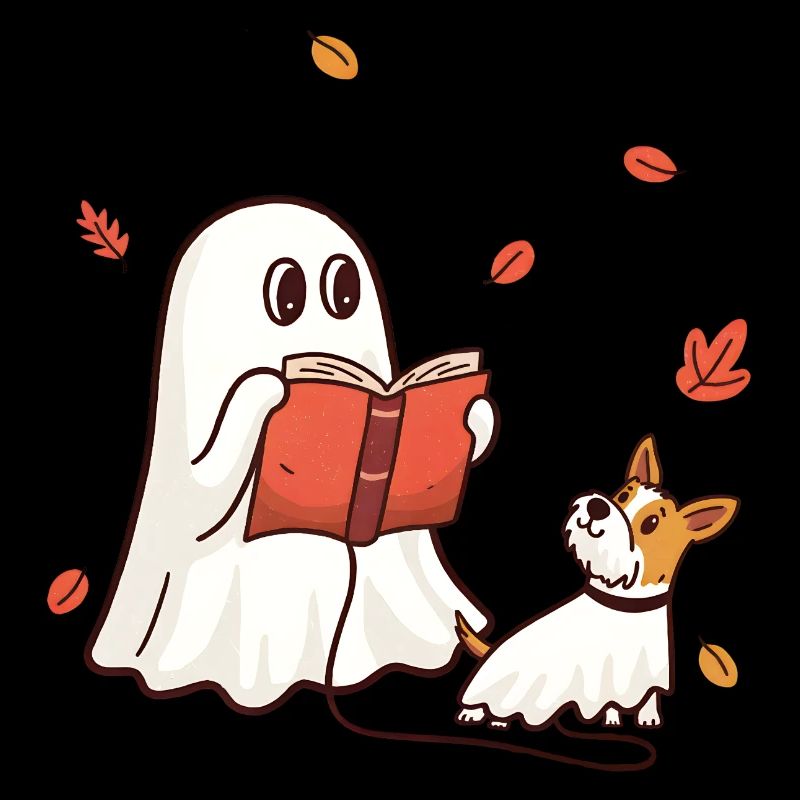 Kleiner Halloween Geist liest ein Buch mit Hund