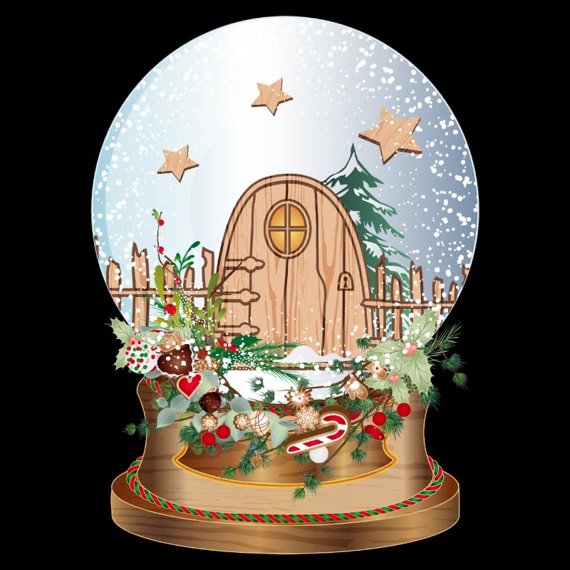 nostalgic snow globe with elves door