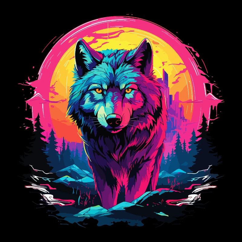 Wolf Night Moon Neon Wolf Head Forest Nature Mountains