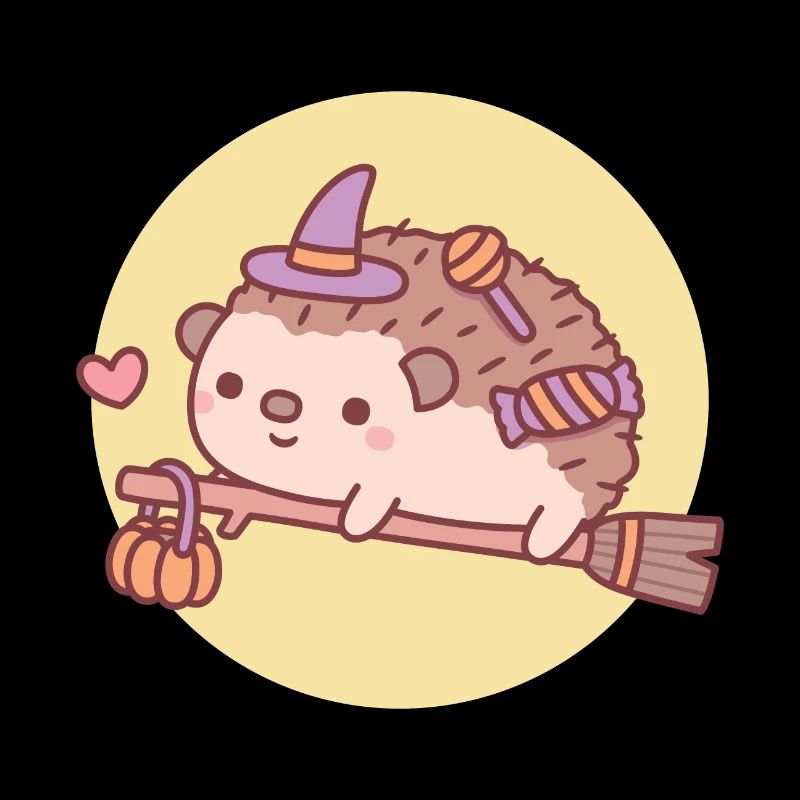 Cute Hedgehog Witch On Flying Broom Halloween