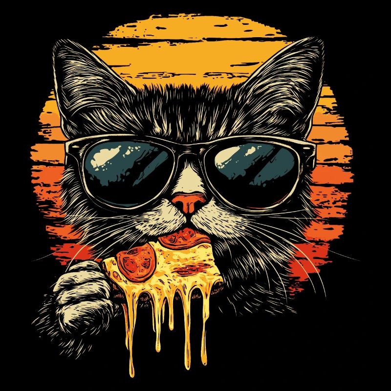 Chat en lunettes de soleil mangeant de la pizza vintage