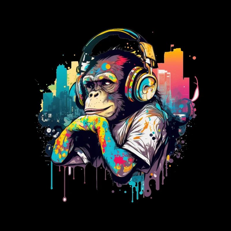 Schimpanse mit Kopfhörer farbig Affe DJ