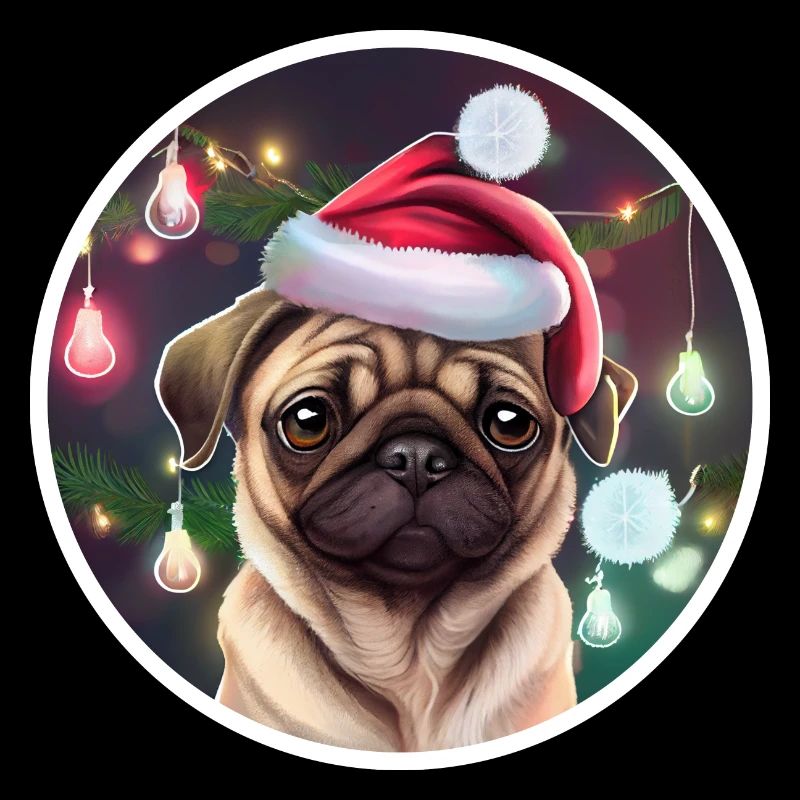Mops mit weihnachtsmütze und lichterkette