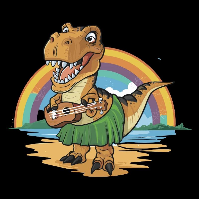 Dinosaurier spielt Gitarre unterm Regenbogen