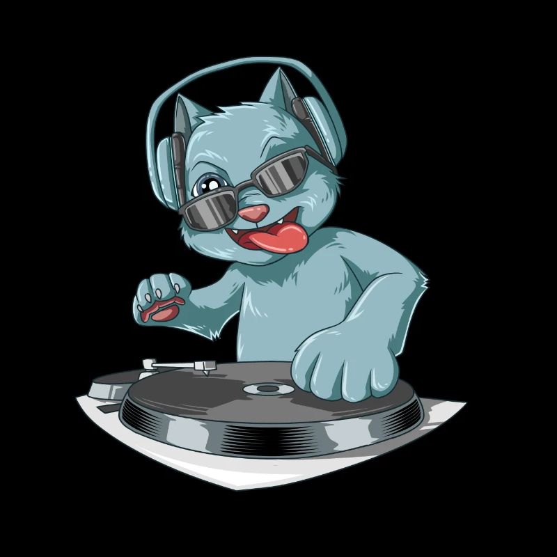 DJ Katze mit Kopfhörern an den Vinyl's