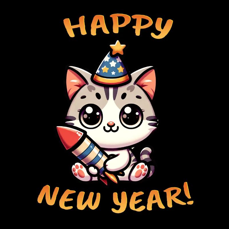 Neujahr Sylvester Katze Rakete Süß Comic Happy New